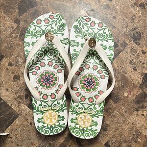 Tory Burch Floral Flip Flops - White and Green